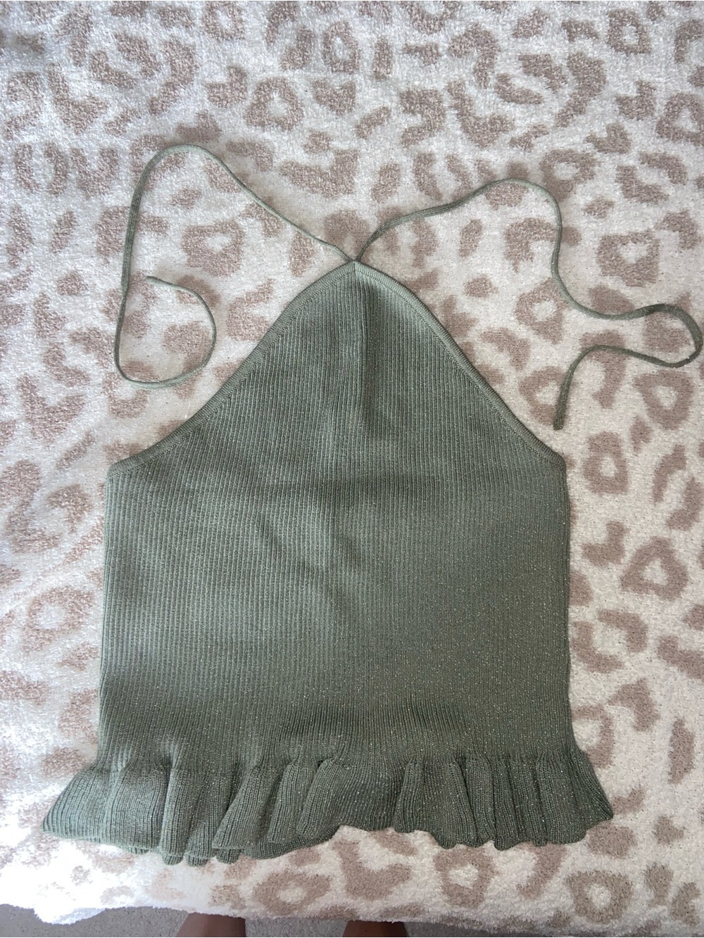 Sage Green Knit Halter Top with Ruffle Hem